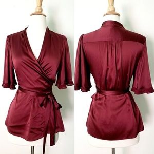 BCBG Silk Wrap Blouse with Bell Sleeves